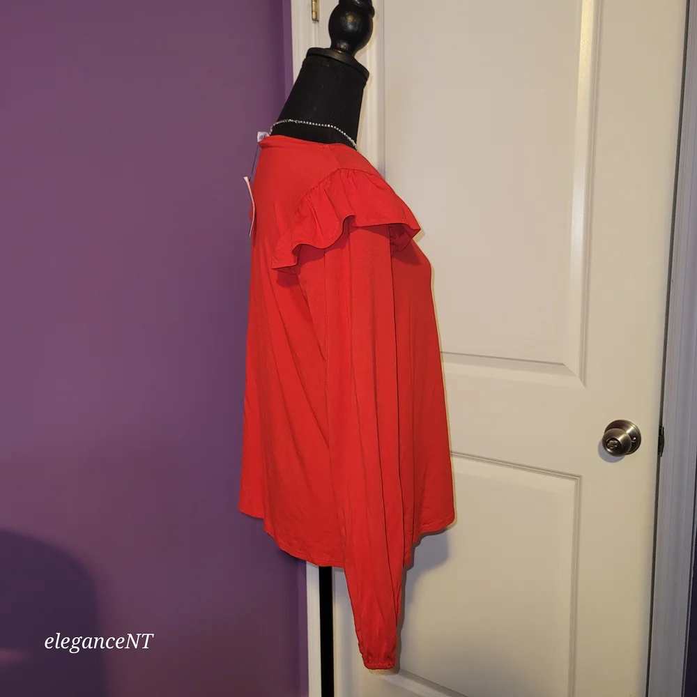 Crown & Ivy Red Ruffle Sleeve Top Sz: M NWT